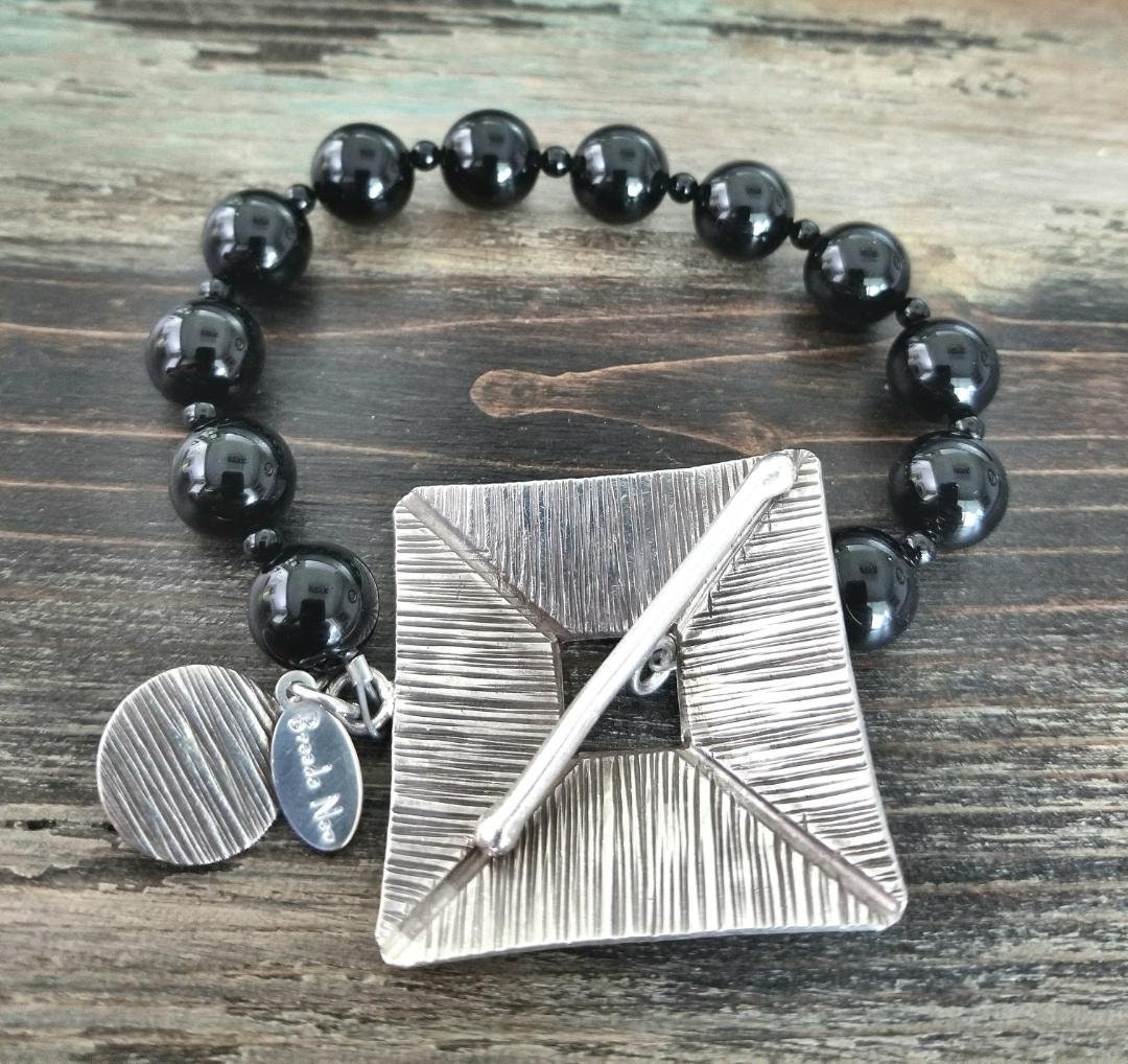 Bali Sterling Silver 925 Statement Beaded Bracelet Jewelry Black Onyx One of a Kind Designer Unique Women's Gift for Her