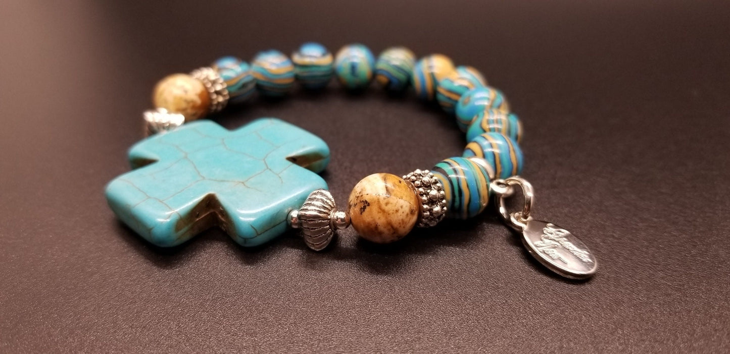Turquoise Cross Beaded Gemstone Bracelet Jewelry Southwest Silver Stretch Handmade Women's Gift For Her