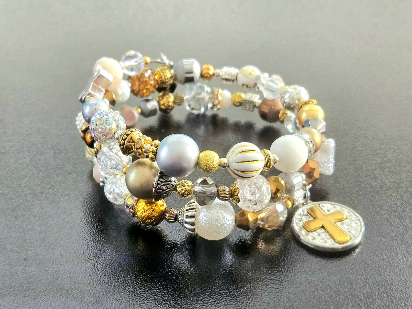 Cross Charm Beaded Bracelet Jewelry Faith Based Christian Wrap Bangle Cuff Gold White Handmade Women's Christmas Holiday Gift For Her