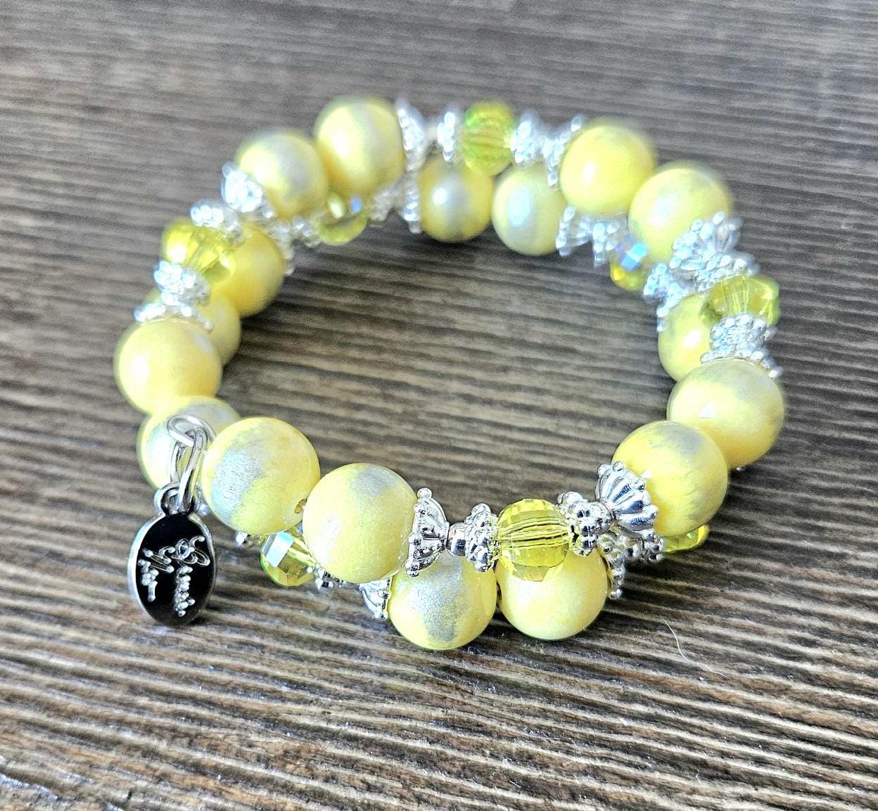 Yellow Beaded Gemstone Bracelet Jade Jewelry Crystal Silver Lemon Sun Spring Summer Beach Cruise Handmade Memory Wire Wrap Cuff Bangle Gift