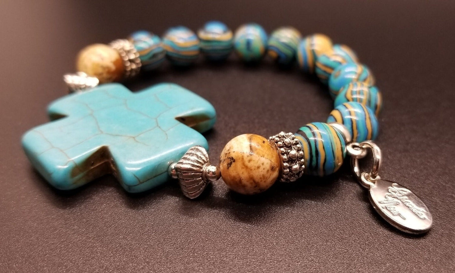 Turquoise Cross Beaded Gemstone Bracelet Jewelry Southwest Silver Stretch Handmade Women's Gift For Her