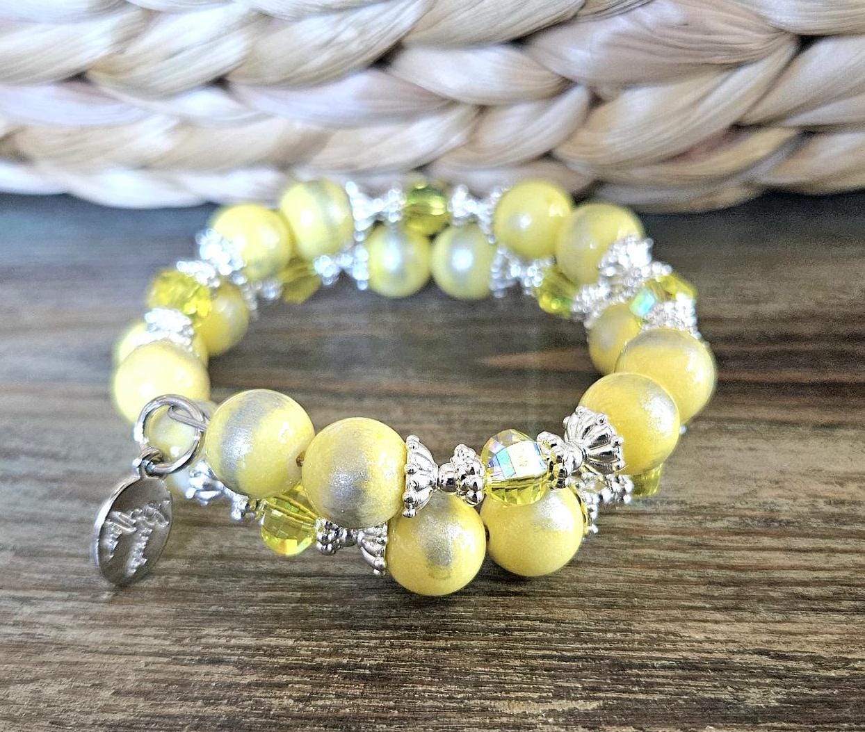 Yellow Beaded Gemstone Bracelet Jade Jewelry Crystal Silver Lemon Sun Spring Summer Beach Cruise Handmade Memory Wire Wrap Cuff Bangle Gift