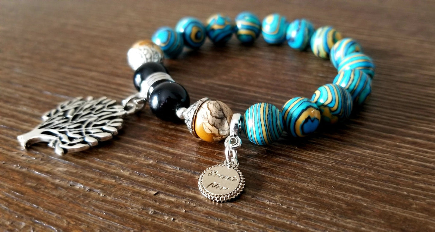 Tree of Life Charm Bracelet Beaded Turquoise Southwest Gemstone Silver Jewelry Jasper Black Onyx Women's Onyx Stretch Women's Gift For Her