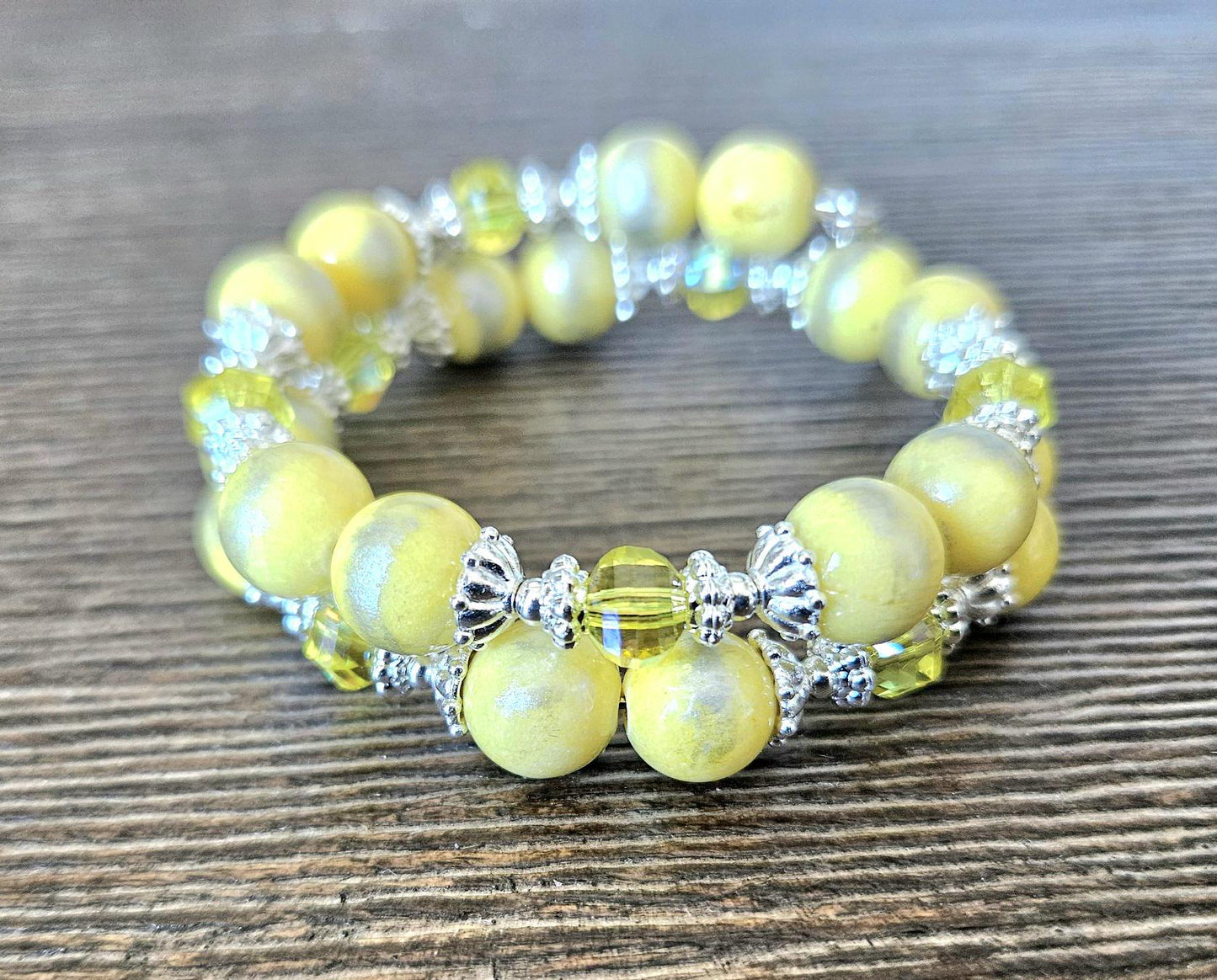 Yellow Beaded Gemstone Bracelet Jade Jewelry Crystal Silver Lemon Sun Spring Summer Beach Cruise Handmade Memory Wire Wrap Cuff Bangle Gift
