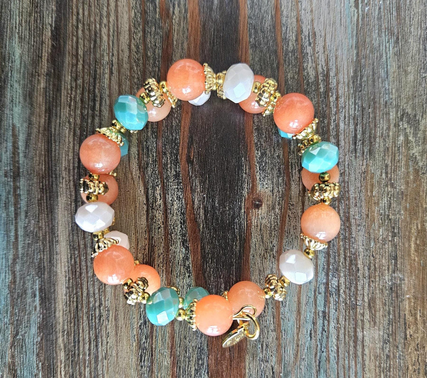 Coral Jade Gemstone Beaded Bracelet Jewelry Beach Orange Turquoise Gold Handmade Memory Wire Wrap Cuff Bangle Beach Cruise Summer Spring