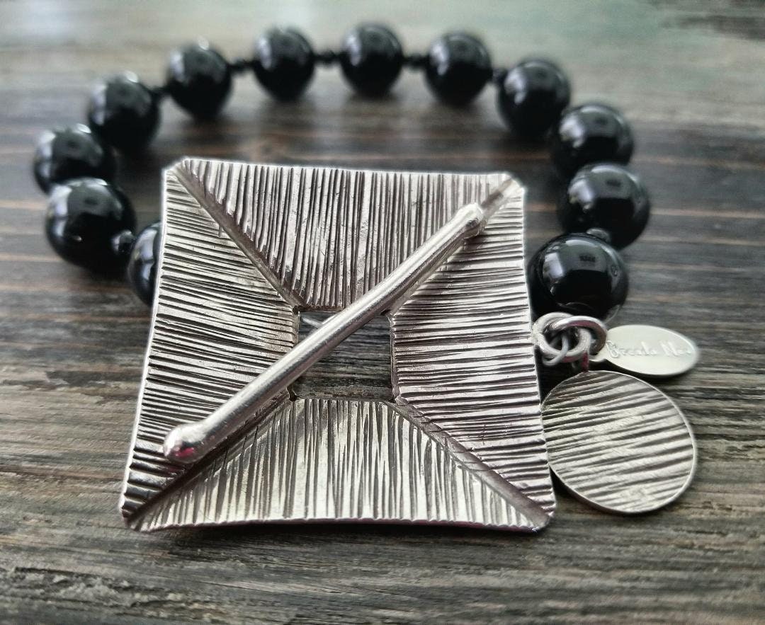 Bali Sterling Silver 925 Statement Beaded Bracelet Jewelry Black Onyx One of a Kind Designer Unique Women's Gift for Her