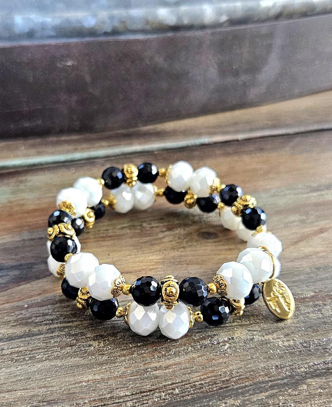 Black and White Beaded Bracelet Jewelry Gold Wrap Cuff Bangle Bridal Wedding Formal Evening Prom Women's Gift for Her