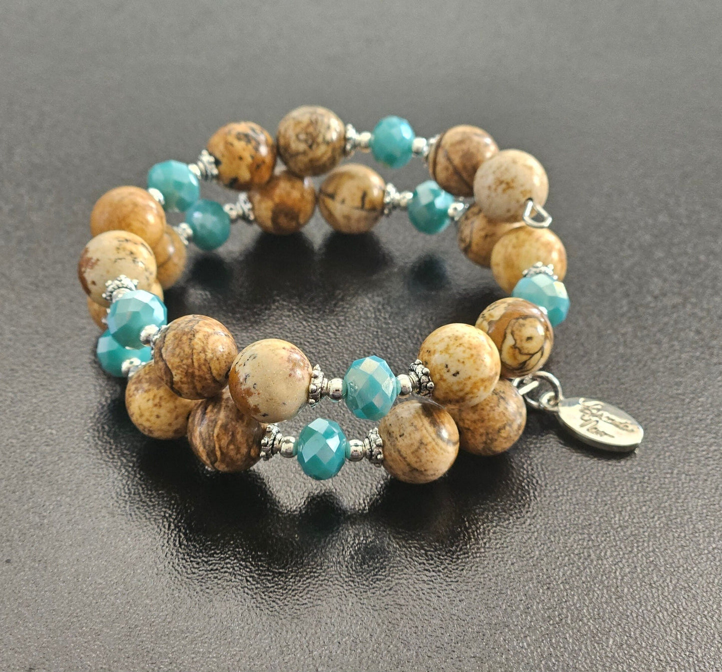Gemstone Beaded Bracelet Southwest Turquoise Jewelry Semi Precious Desert Jasper Silver Wrap Bangle Cuff Women's Gift for Her Birthday