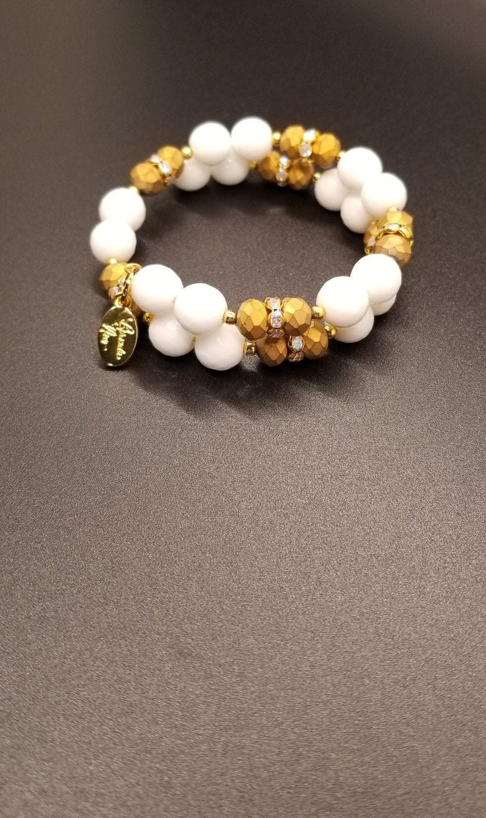 Gold White Beaded Bracelet Jewelry Handmade Wrap Cuff Bangle Women's Gift for Her