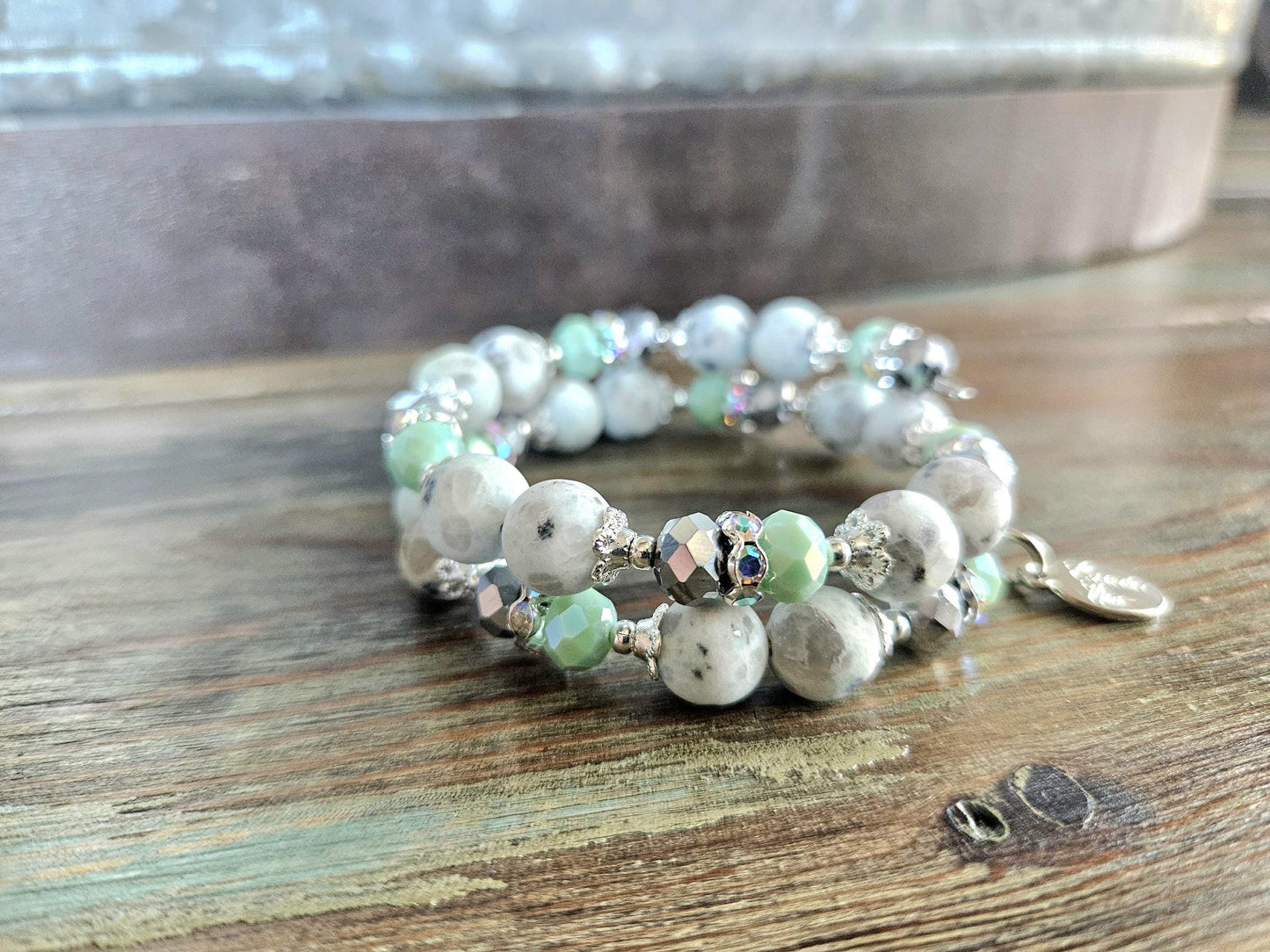 Sesame Jasper Gemstone Beaded Bracelet Mint Green Silver Memory Wire Spring Cuff Wrap Bangle Unique Genuine Boho Women's Gift For Her