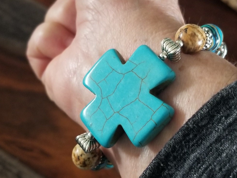 Turquoise Cross Beaded Gemstone Bracelet Jewelry Southwest Silver Stretch Handmade Women's Gift For Her