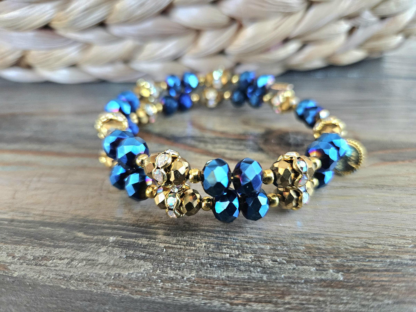 Glass Beaded Bracelet Jewelry Handmade Sparkling Rhinestone Bling Memory Wire Gold Colorful Blue Green Red Black Rose Gold Women's Wrap Cuff Bangle