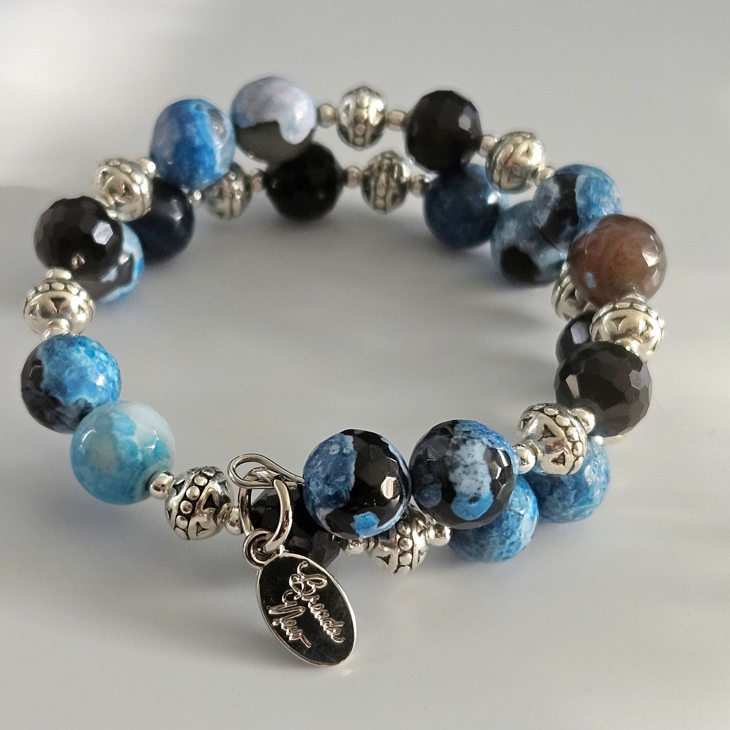 Agate Gemstone Beaded Bracelet Jewelry Blue Pink Yellow Black Silver Handmade Wrap Bangle Southwest