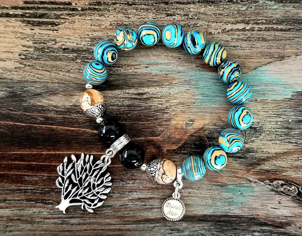 Tree of Life Charm Bracelet Beaded Turquoise Southwest Gemstone Silver Jewelry Jasper Black Onyx Women's Onyx Stretch Women's Gift For Her