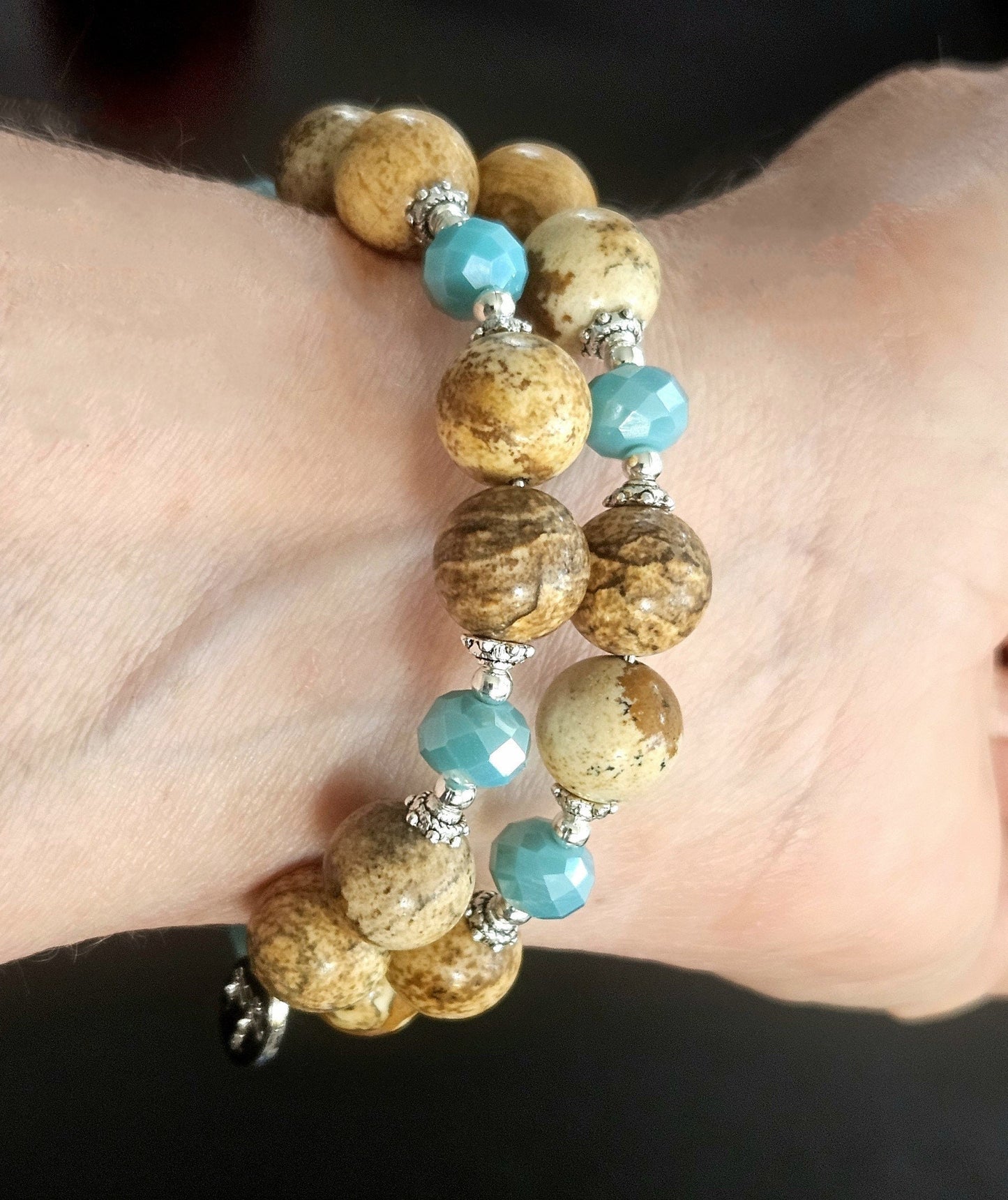 Gemstone Beaded Bracelet Southwest Turquoise Jewelry Semi Precious Desert Jasper Silver Wrap Bangle Cuff Women's Gift for Her Birthday