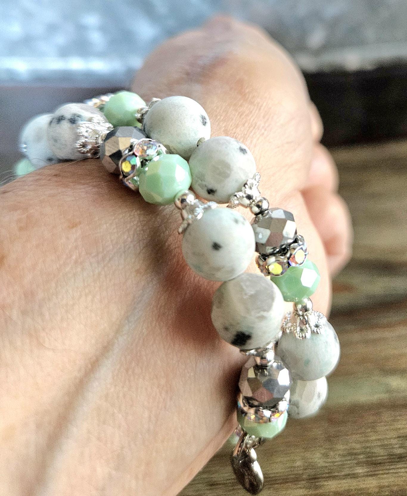 Sesame Jasper Gemstone Beaded Bracelet Mint Green Silver Memory Wire Spring Cuff Wrap Bangle Unique Genuine Boho Women's Gift For Her