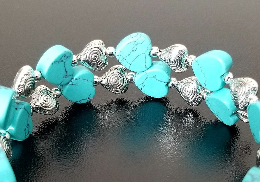 Heart Bracelet Silver Beaded Jewelry Handmade Valentine Day Gift Women's Wrap Cuff Bangle