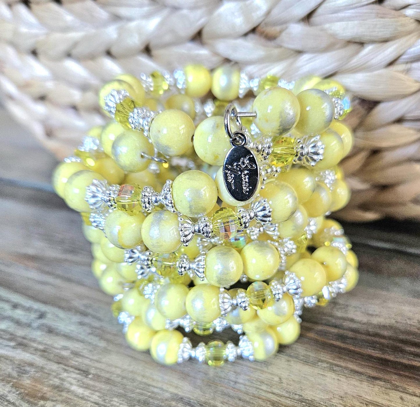 Yellow Beaded Gemstone Bracelet Jade Jewelry Crystal Silver Lemon Sun Spring Summer Beach Cruise Handmade Memory Wire Wrap Cuff Bangle Gift