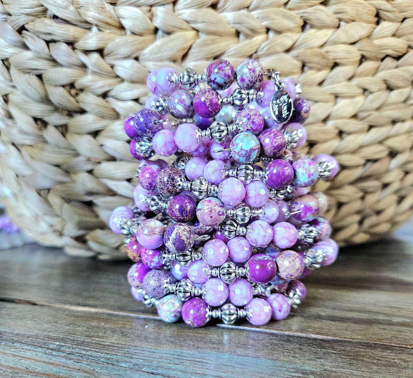 Purple Beaded Bracelet Jewelry Gemstone Violet Lavendar Silver Jasper Memory Wire Wrap Cuff Bangle Summer Spring Beach Cruise Women's Gift
