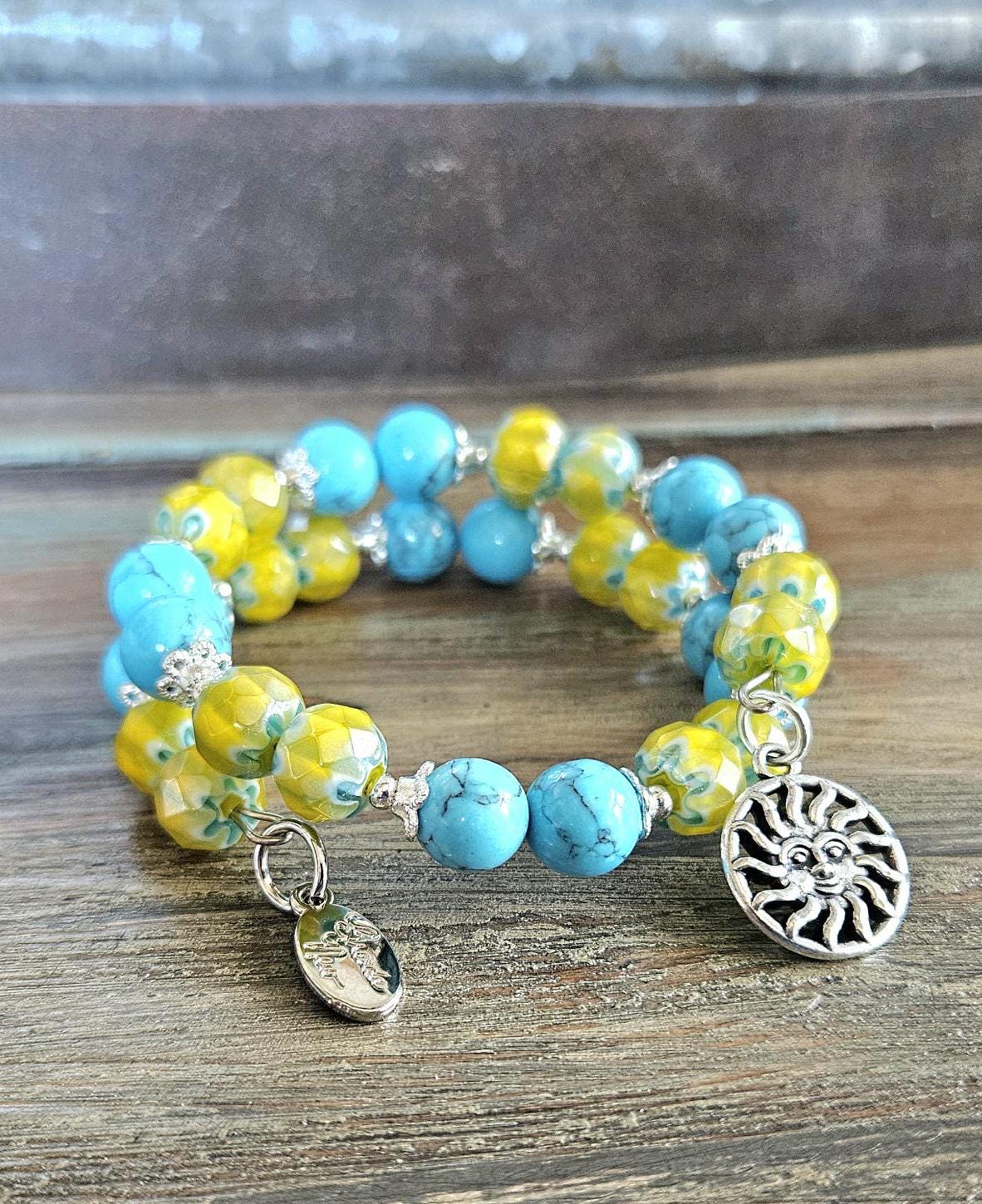 Sun Charm Bracelet Celestial Jewelry Yellow Sunshine Silver Turquoise Beach Ocean Cruise Summer Wrap Cuff Bangle Women's Gift