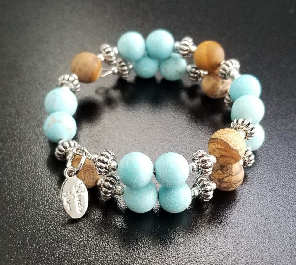 Turquoise Gemstone Beaded Bracelet Jewelry Silver Southwest Magnesite Picture Jasper Wrap Cuff Bangle Women's Gift for Her