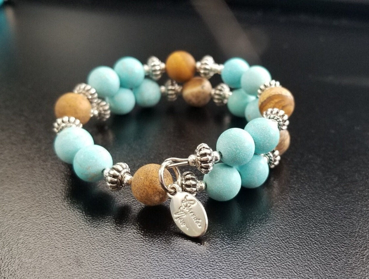 Turquoise Gemstone Beaded Bracelet Jewelry Silver Southwest Magnesite Picture Jasper Wrap Cuff Bangle Women's Gift for Her