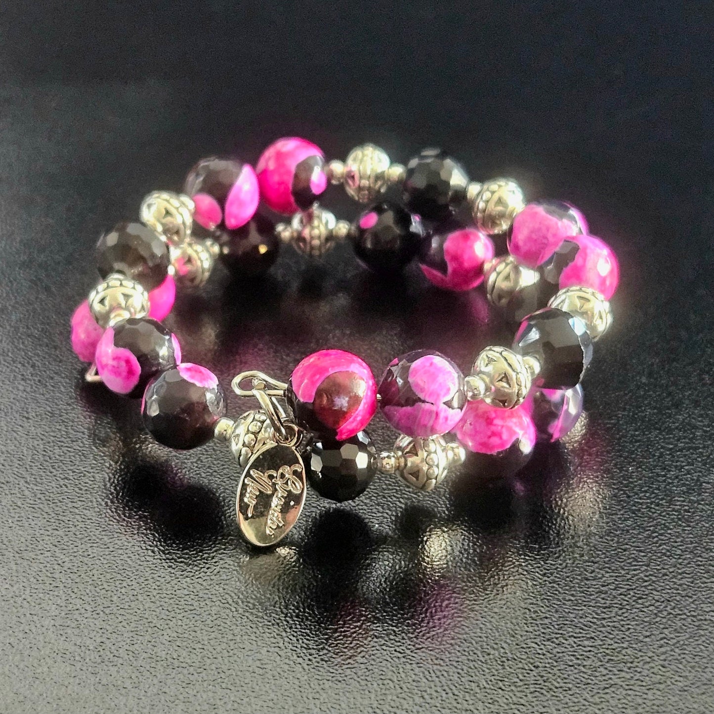 Agate Gemstone Beaded Bracelet Jewelry Blue Pink Yellow Black Silver Handmade Wrap Bangle Southwest