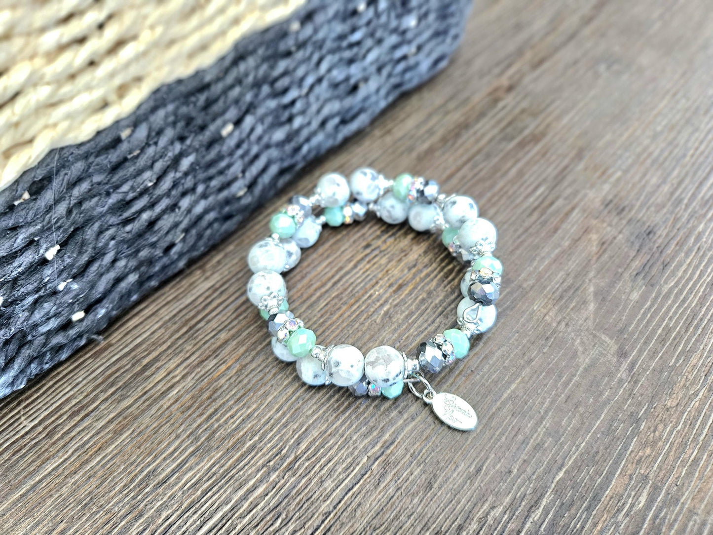 Sesame Jasper Gemstone Beaded Bracelet Mint Green Silver Memory Wire Spring Cuff Wrap Bangle Unique Genuine Boho Women's Gift For Her