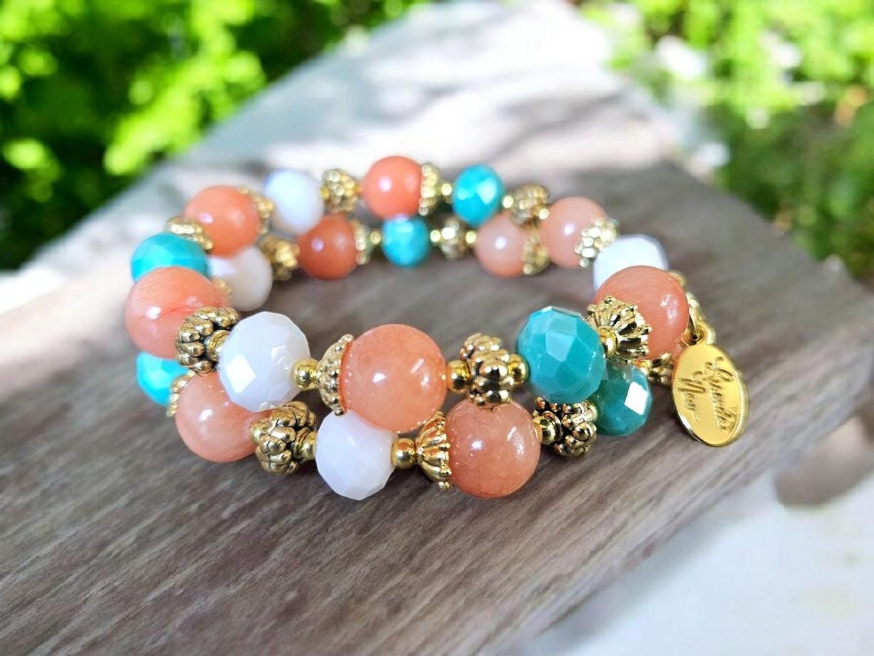 Coral Jade Gemstone Beaded Bracelet Jewelry Beach Orange Turquoise Gold Handmade Memory Wire Wrap Cuff Bangle Beach Cruise Summer Spring