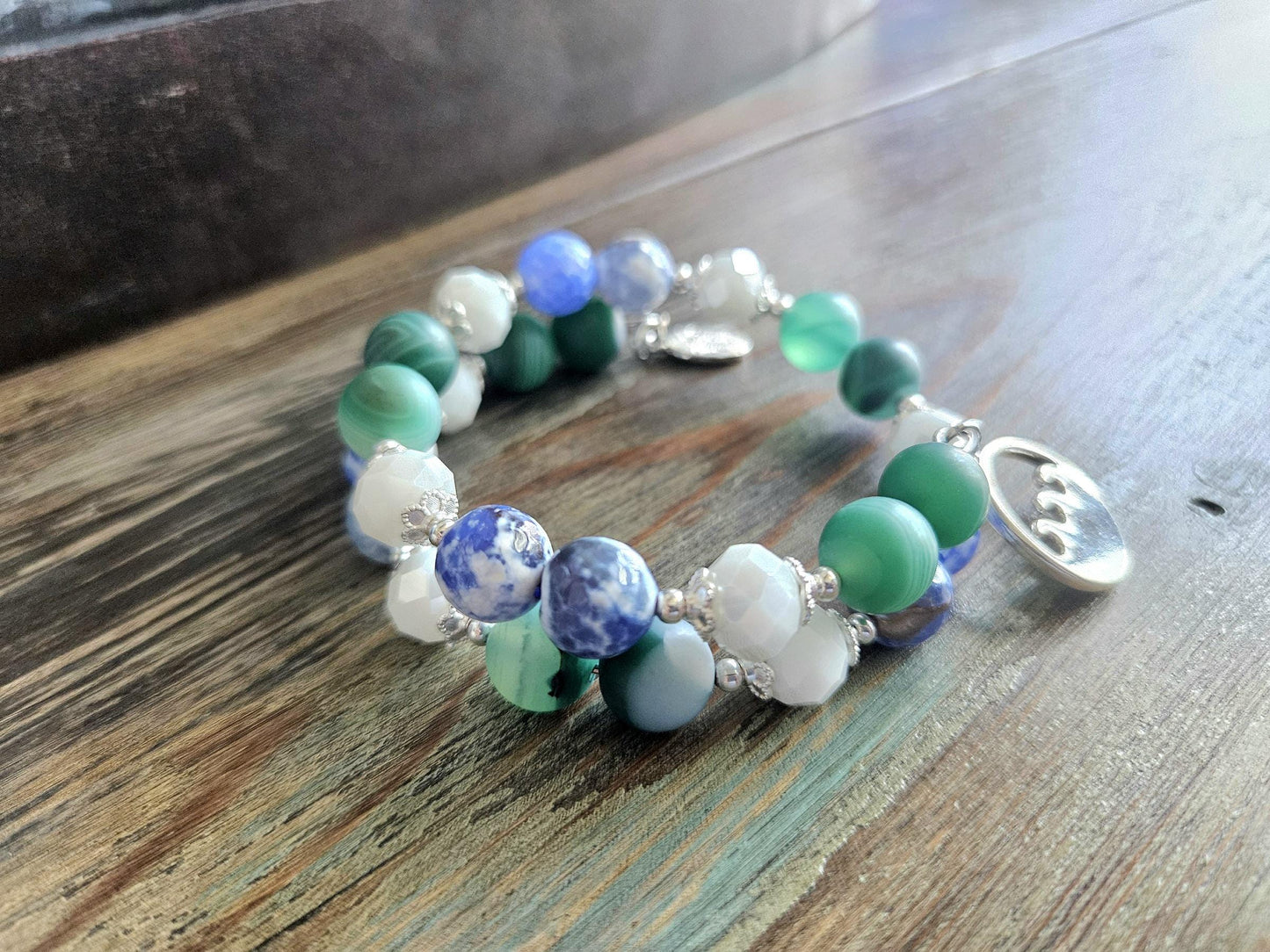 Ocean Sea Charm Bracelet Jewelry Beaded Blue Green Teal Turquoise Gemstone Agate Beach Cruise Spring Summer Memory Wire Wrap Cuff Bangle