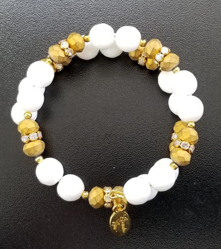 Gold White Beaded Bracelet Jewelry Handmade Wrap Cuff Bangle Women's Gift for Her