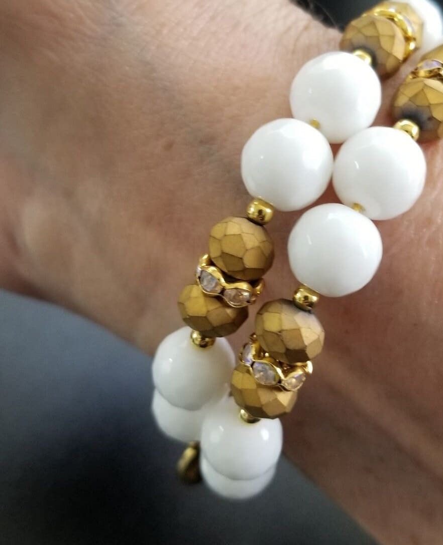 Gold White Beaded Bracelet Jewelry Handmade Wrap Cuff Bangle Women's Gift for Her