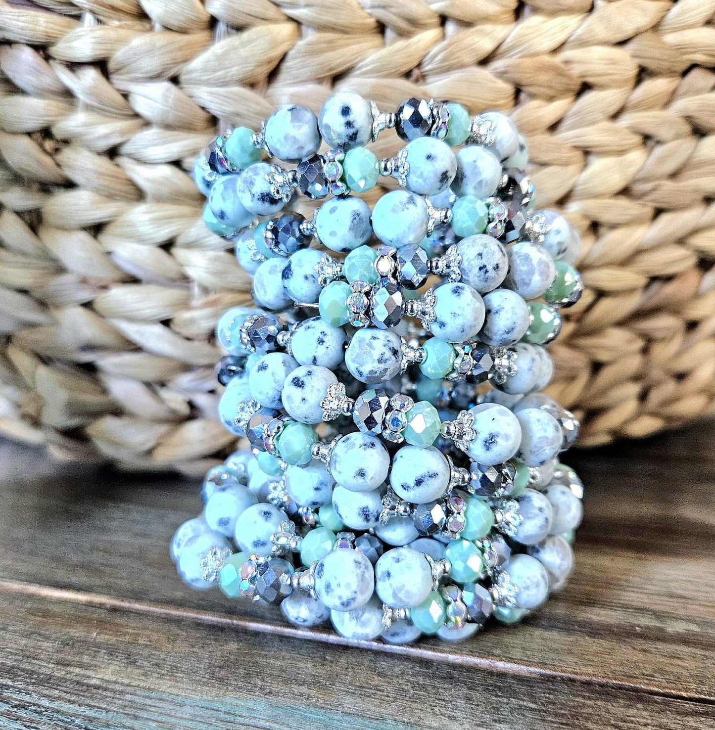 Sesame Jasper Gemstone Beaded Bracelet Mint Green Silver Memory Wire Spring Cuff Wrap Bangle Unique Genuine Boho Women's Gift For Her