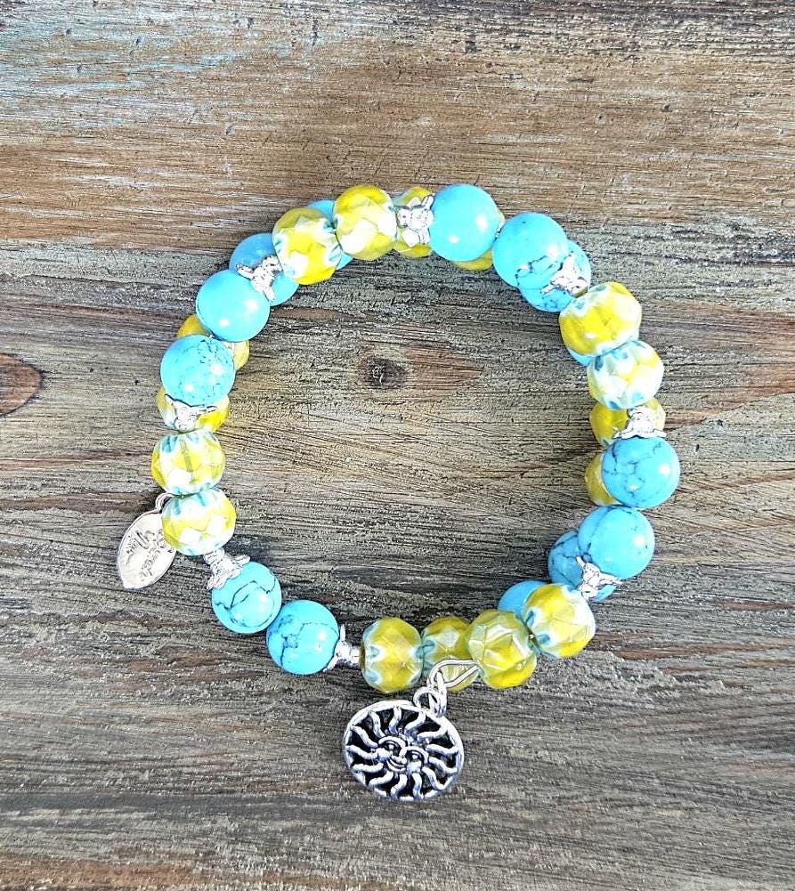 Sun Charm Bracelet Celestial Jewelry Yellow Sunshine Silver Turquoise Beach Ocean Cruise Summer Wrap Cuff Bangle Women's Gift