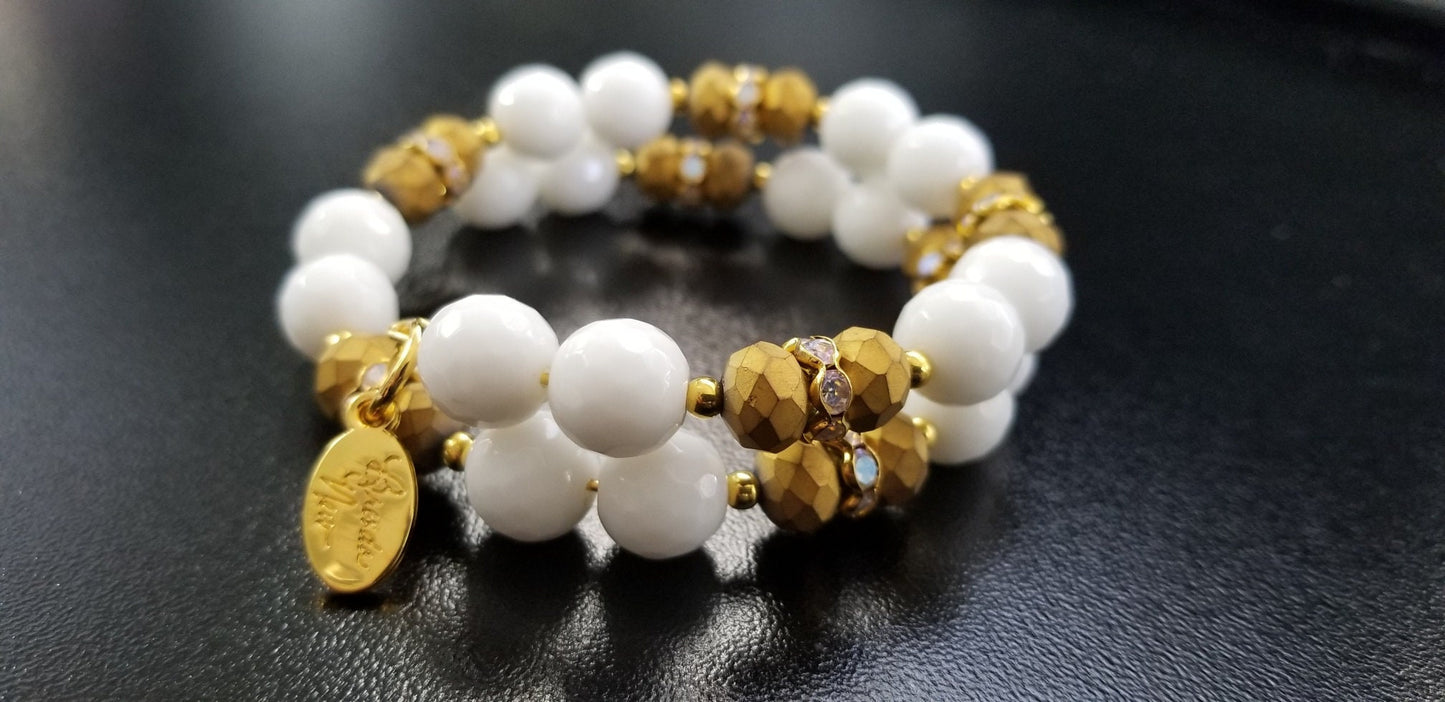 Gold White Beaded Bracelet Jewelry Handmade Wrap Cuff Bangle Women's Gift for Her