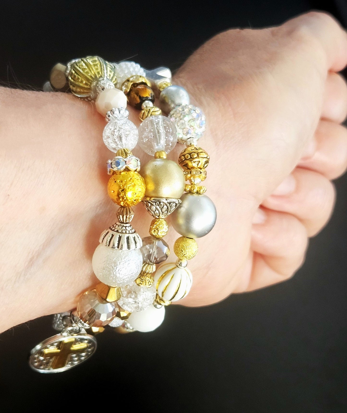 Cross Charm Beaded Bracelet Jewelry Faith Based Christian Wrap Bangle Cuff Gold White Handmade Women's Christmas Holiday Gift For Her