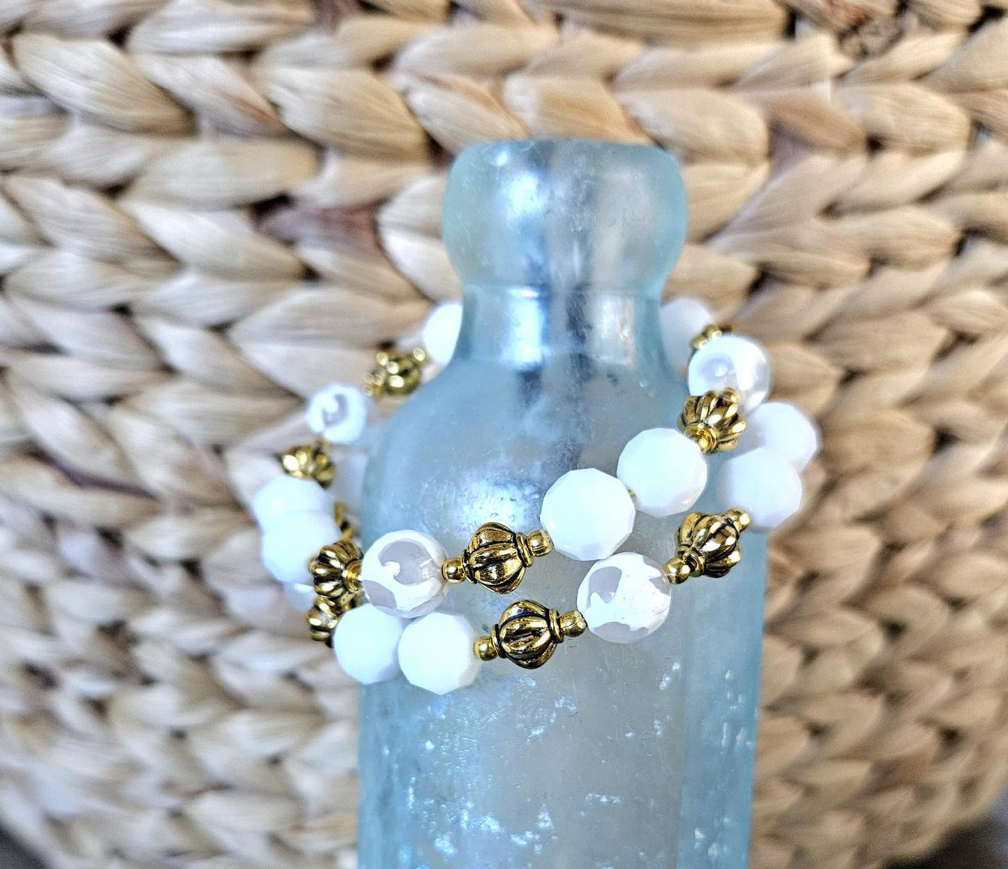 White and Gold Gemstone Bracelet Statement Jewelry Agate Beaded Handmade Adjustable Wrap Bangle Cuff Memory Wire Women's Gift Summer Spring