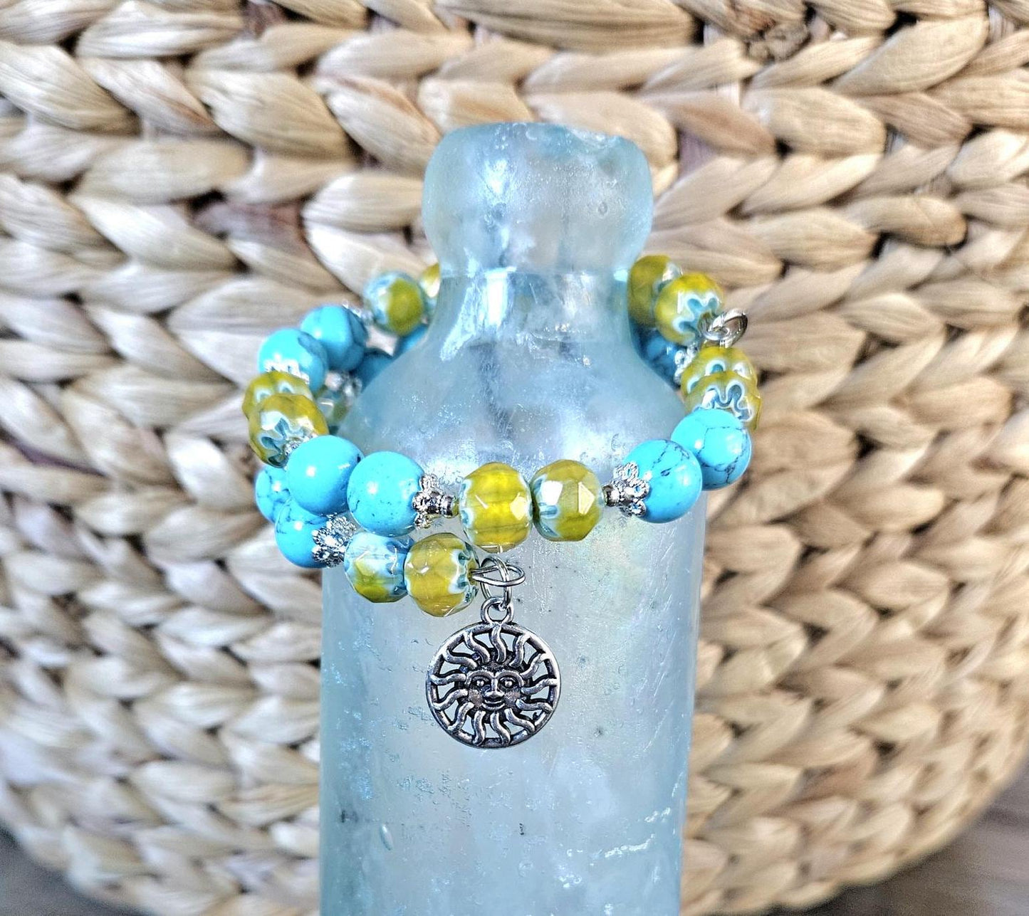 Sun Charm Bracelet Celestial Jewelry Yellow Sunshine Silver Turquoise Beach Ocean Cruise Summer Wrap Cuff Bangle Women's Gift