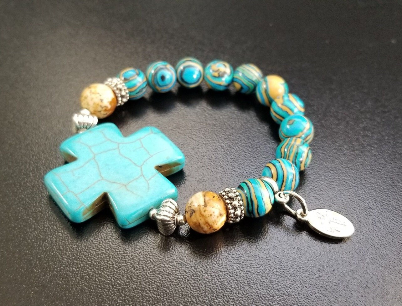Turquoise Cross Beaded Gemstone Bracelet Jewelry Southwest Silver Stretch Handmade Women's Gift For Her