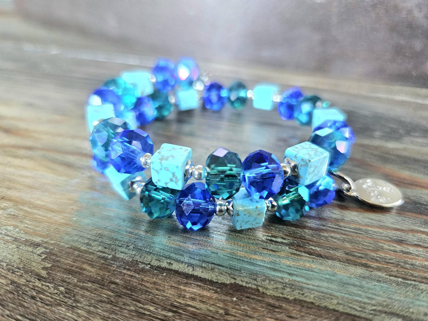 Seashell Charm Bracelet Jewelry Beaded Turquoise Gemstone Sea Ocean Beach Cruise Summer Silver Handmade Memory Wire Wrap Cuff Bangle Gift