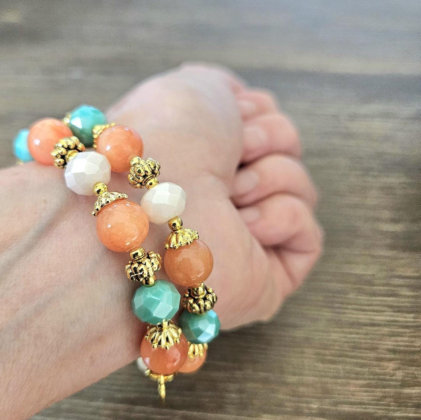 Coral Jade Gemstone Beaded Bracelet Jewelry Beach Orange Turquoise Gold Handmade Memory Wire Wrap Cuff Bangle Beach Cruise Summer Spring