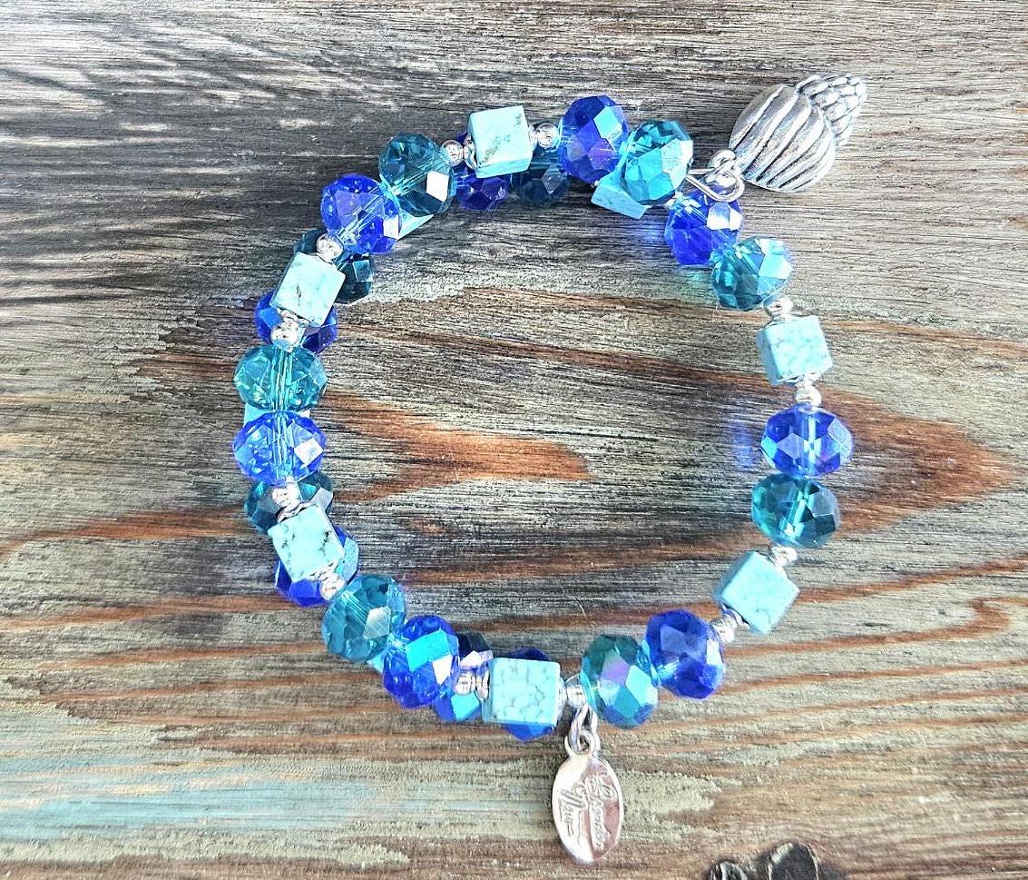 Seashell Charm Bracelet Jewelry Beaded Turquoise Gemstone Sea Ocean Beach Cruise Summer Silver Handmade Memory Wire Wrap Cuff Bangle Gift