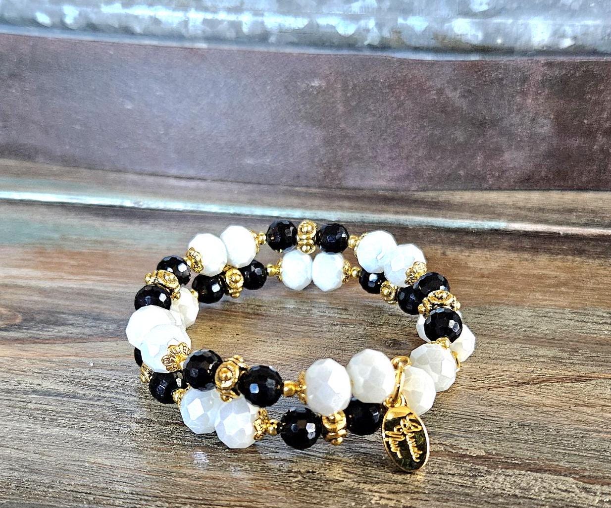 Black and White Beaded Bracelet Jewelry Gold Wrap Cuff Bangle Bridal Wedding Formal Evening Prom Women's Gift for Her
