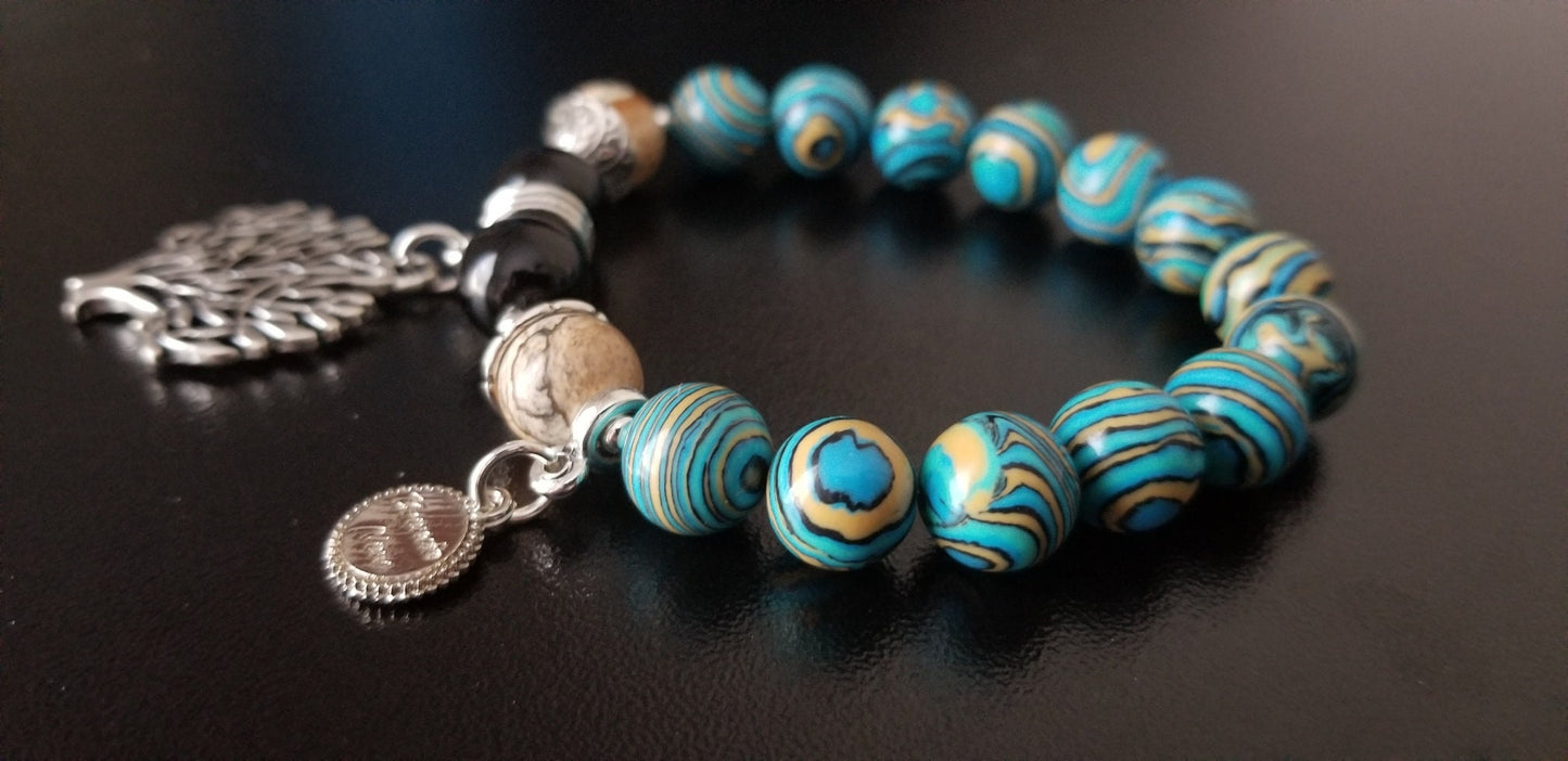 Tree of Life Charm Bracelet Beaded Turquoise Southwest Gemstone Silver Jewelry Jasper Black Onyx Women's Onyx Stretch Women's Gift For Her