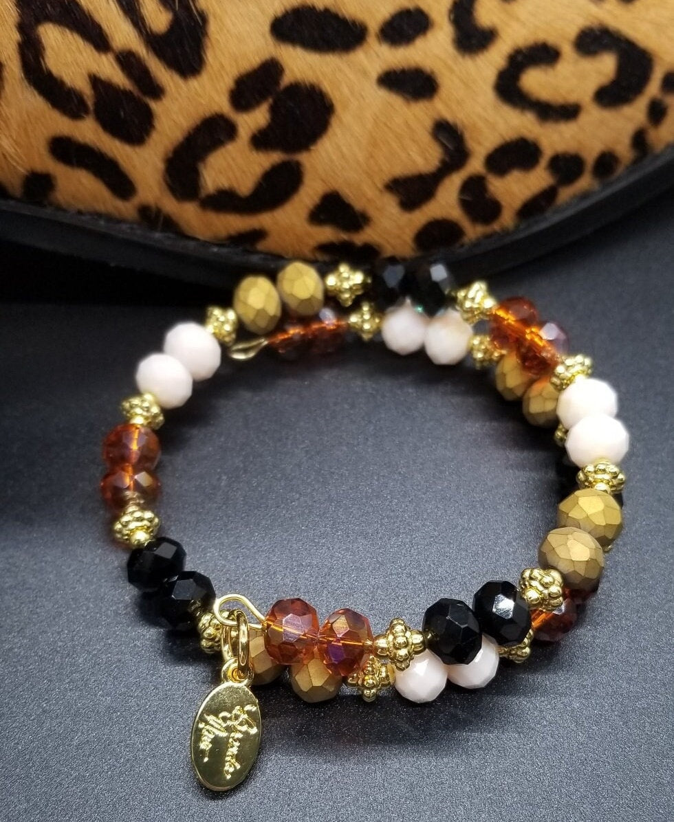 Animal Print Bracelet Jewelry Leopard Silver Black Brown Beaded Handmade Wrap Cuff Bangle Women's Gift For Her