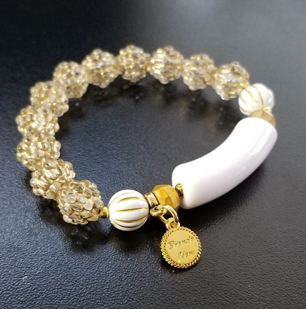 Black and White Beaded Boho Bracelet Jewelry Set of 2 Bracelets Gold Stretch Handmade Women's Gift for Her