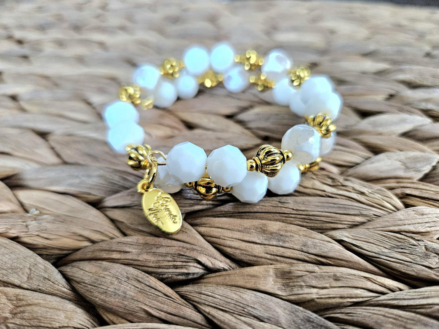White and Gold Gemstone Bracelet Statement Jewelry Agate Beaded Handmade Adjustable Wrap Bangle Cuff Memory Wire Women's Gift Summer Spring