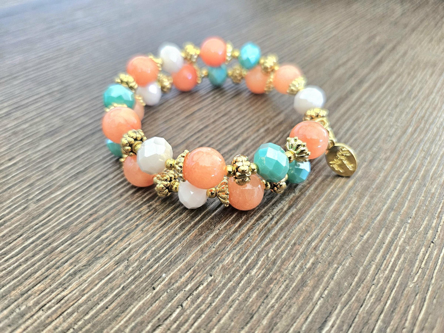 Coral Jade Gemstone Beaded Bracelet Jewelry Beach Orange Turquoise Gold Handmade Memory Wire Wrap Cuff Bangle Beach Cruise Summer Spring