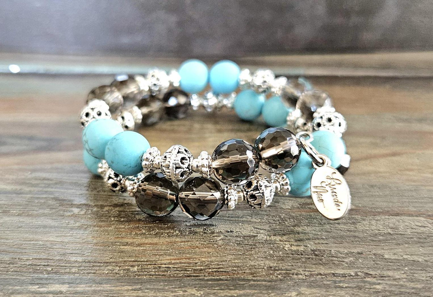 Smoky Quartz Silver Turquoise Southwest Beaded Bracelet Jewelry Brown Gemstone Handmade Wrap Cuff Bangle Vintage Women's Gift For Her
