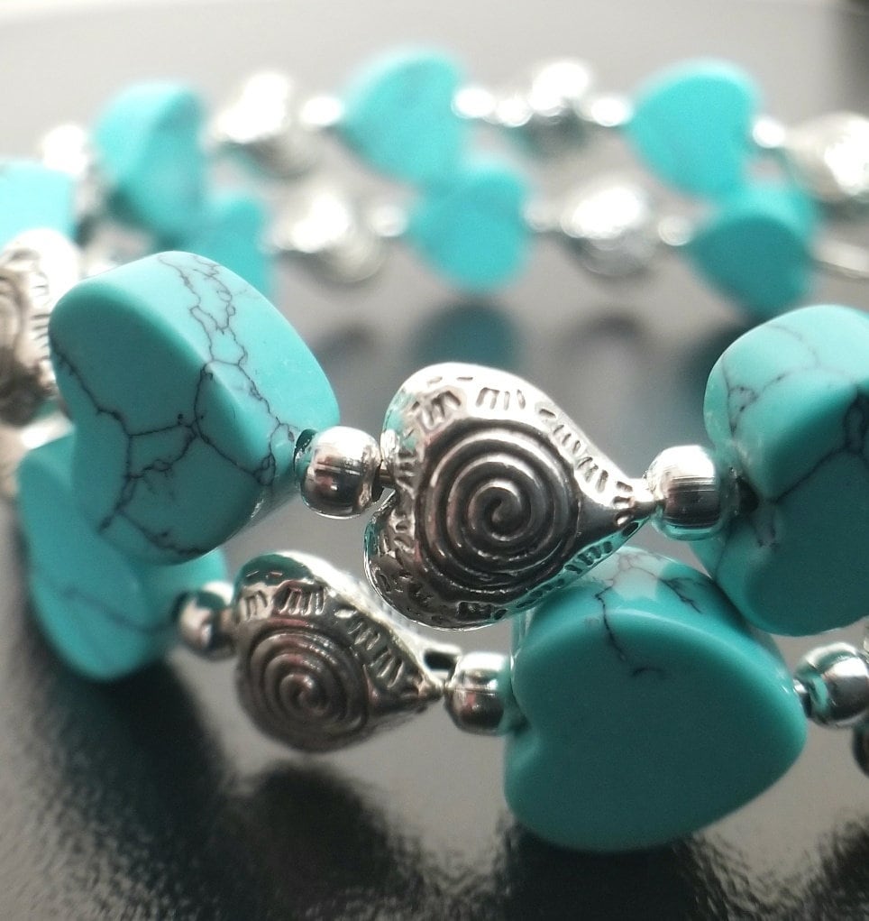 Heart Bracelet Silver Beaded Jewelry Handmade Valentine Day Gift Women's Wrap Cuff Bangle